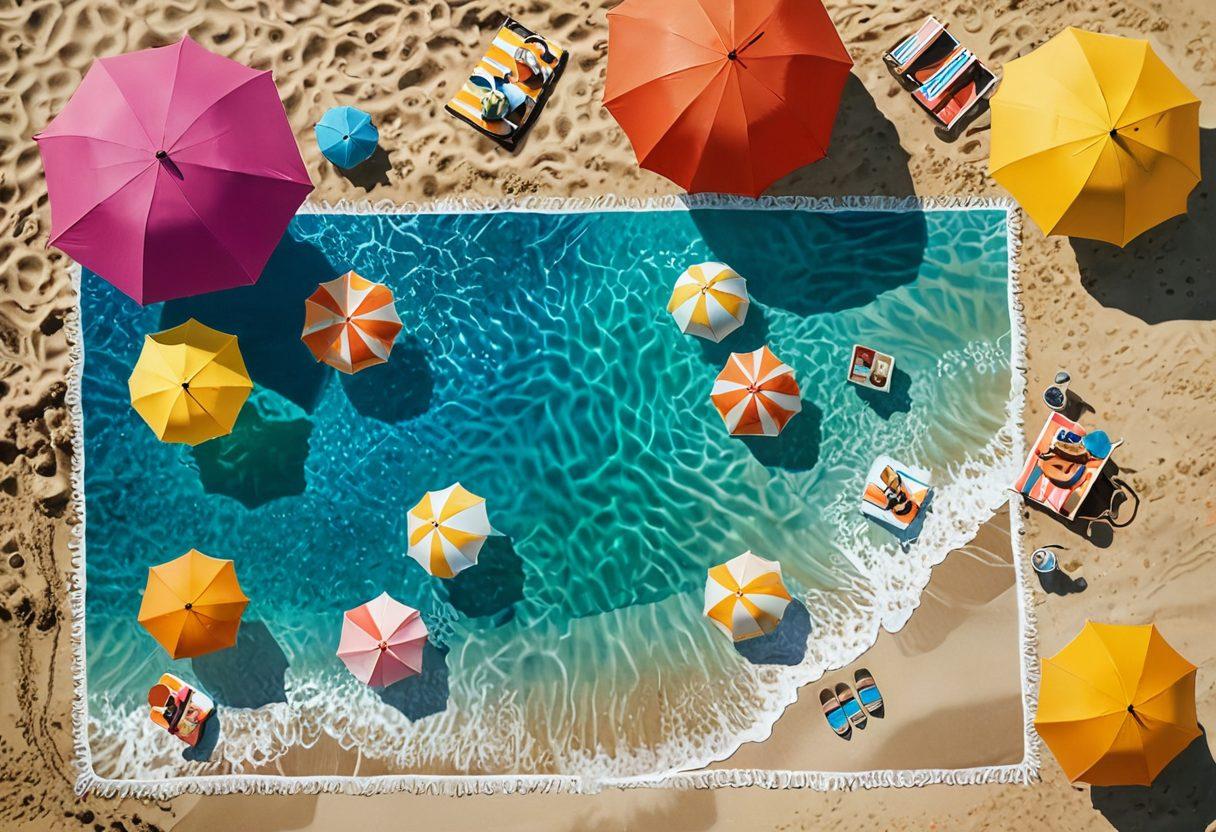 A picturesque summer beach scene featuring a vibrant array of stylish bikinis displayed on colorful beach umbrellas, alongside an assortment of budget-friendly portable battery solutions neatly arranged on a beach towel. The sun shines brightly in a clear blue sky, with palm trees swaying gently in the background, evoking a carefree and fun summer vibe. A playful dog splashes in the water and kids build sandcastles nearby. The overall atmosphere is lively and inviting, inviting readers to dive into summer adventures. super-realistic. vibrant colors. beach setting.