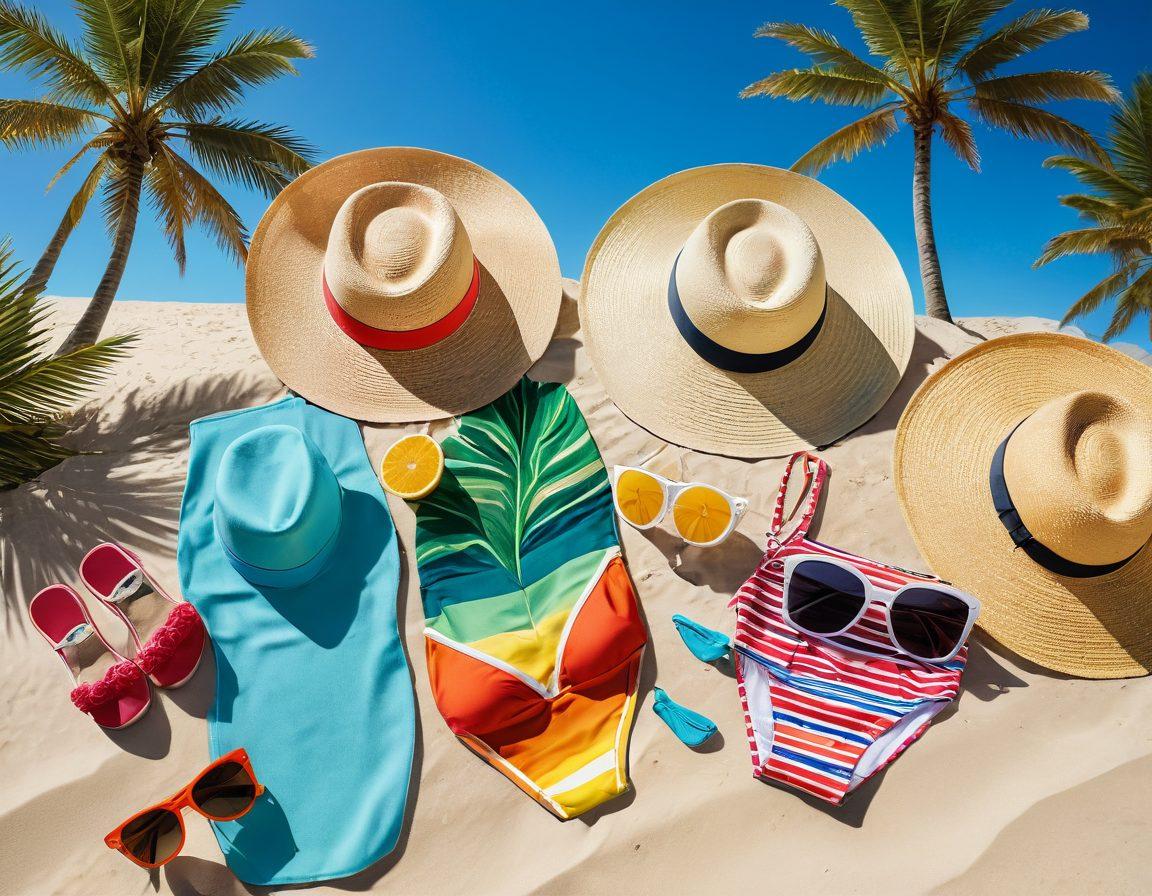 A vibrant summer scene featuring a colorful beach with stylish swimwear laid out on sand, surrounded by tropical elements like palm trees and sun hats. In the foreground, a display of enticing battery deals, attractively arranged with summer accessories like sunglasses and beach balls. The sky is clear blue with a radiant sun shining down, evoking a sense of joy and excitement for summer adventures. The overall atmosphere is lively and sunny, emphasizing the mix of leisure and practicality for a perfect getaway. bright colors. cheerful illustration.